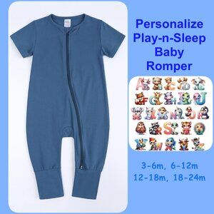 CUTE MONOGRAM-BABY ROMPER-Short Sleeve Double Zipper Cotton Blue 4-Sizes Boy